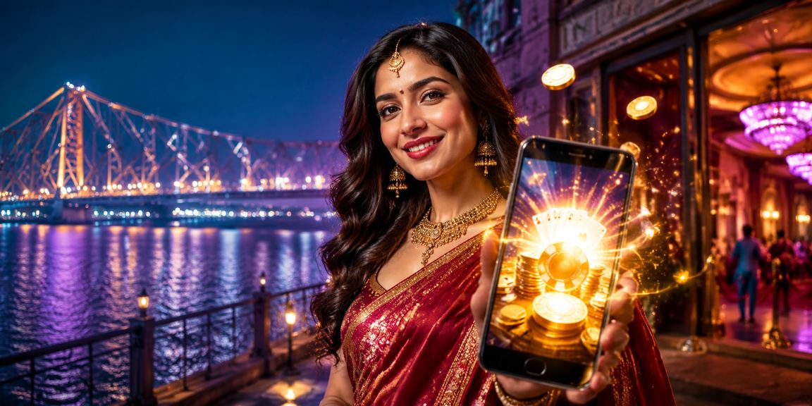 Mobile cricket betting app usage in Kolkata with Howrah Bridge background